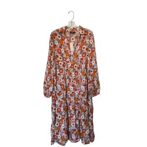 Dokotoo Academia Style V Neck Large Peasant Tiered Midi Floral Print Dress